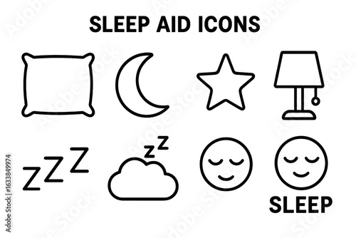 Sleep aid icon set, outline vector symbols for healthy sleep, pillow, moon, star, night lamp, cloud, sleeping face, zzz, insomnia, bedtime, rest, relaxation, mindfulness, wellness