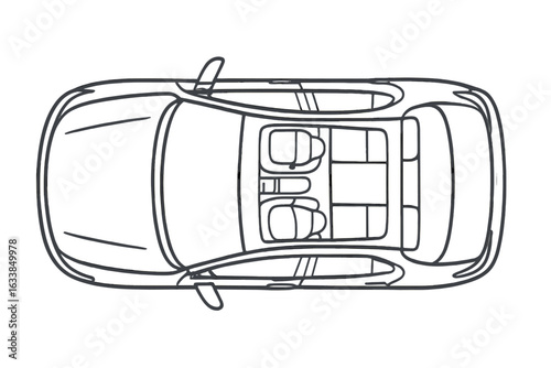 Top View Car Outline Vector, Black Line Automobile Blueprint, Vehicle Floor Plan, Car Interior Seats, Modern Sedan Overhead Technical Drawing, Transport Engineering Illustration