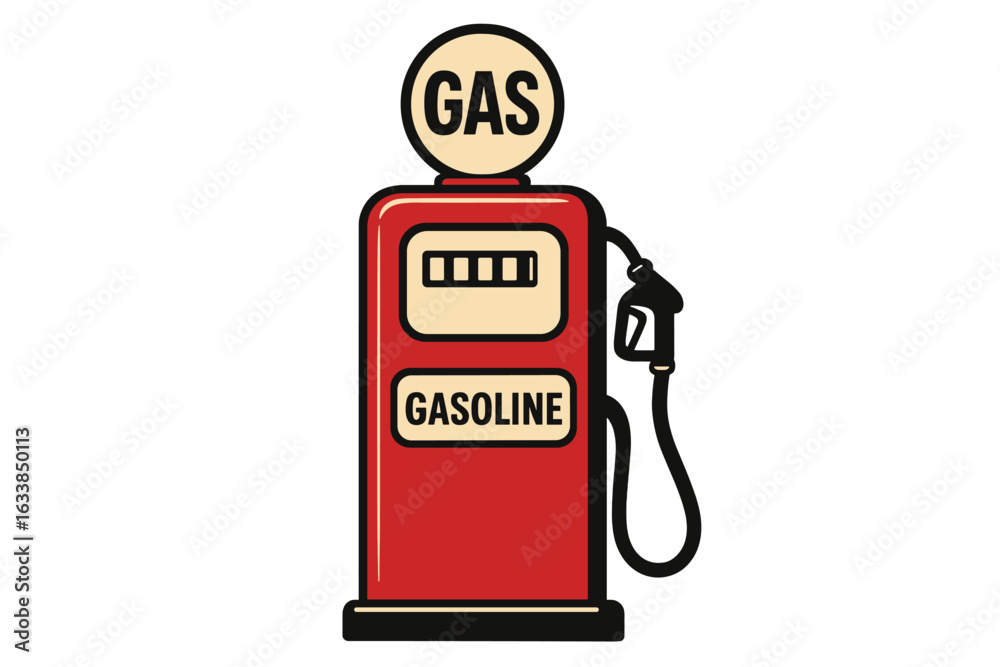 Fototapeta premium Vintage red gasoline pump vector illustration, retro gas station icon, fuel dispenser with nozzle, classic service station equipment isolated on transparent background, nostalgic automotive concept
