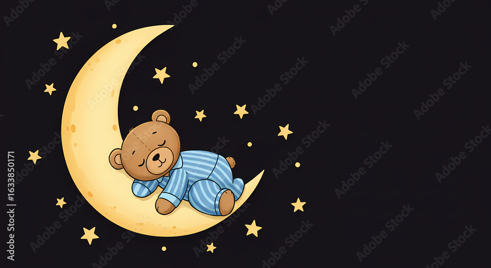 Fototapeta premium Cute teddy bear sleeping on the moon at night