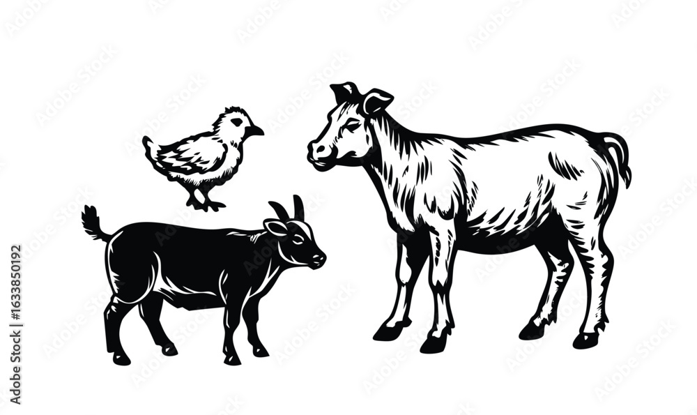 Fototapeta premium Farm Animals Woodcut Vector Set - Rustic Engraved Livestock Illustrations