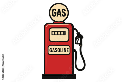 Vintage red gasoline pump vector illustration, retro gas station icon, fuel dispenser with nozzle, classic service station equipment isolated on transparent background, nostalgic automotive concept