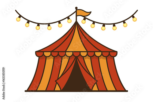 Vibrant circus tent with carnival garland lights, festive striped marquee pavilion, colorful big top illustration for fair, amusement park, festival event, vector isolated transparent background