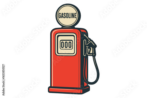 Vintage red gasoline fuel pump illustration, retro gas station icon, classic petrol dispenser, cartoon vector, service station equipment, automobile refueling, mid-century American roadside motif