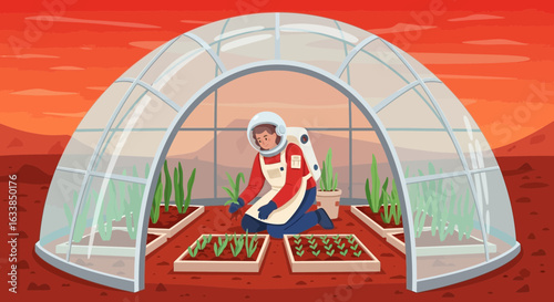 Astronaut Cultivating Food In Greenhouse on Red Planet for Space Colonization