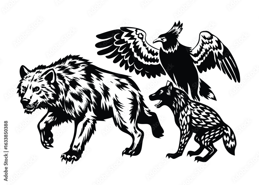 Obraz premium Wild Animals Woodcut Vector Set - Engraved Illustrations