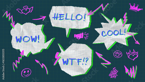 Wrinkled and crumpled torn paper speech balloons with words: WOW, COOL, WTF, COOL square grid. and crown, tic tac toe sign. Comic style chat tags and note textures for school handmade collage. Vector