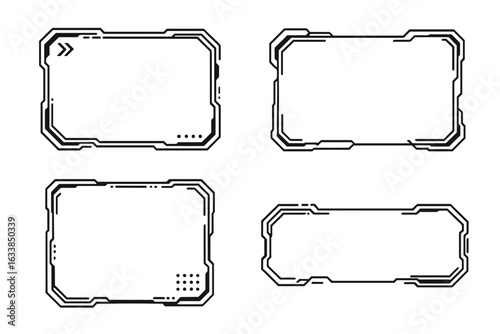 Futuristic tech HUD interface frames set. Sci-fi digital border collection. Modern circuit cyber frame template. High-tech dashboard elements. Blank technology panel screens vector. UI design kit.