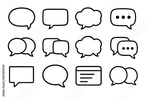 Variety of speech bubble icons, chat balloon shapes, blank dialogue bubbles, conversation symbols, talk clouds, cartoon message frames, vector outline, communicative template for messaging and design