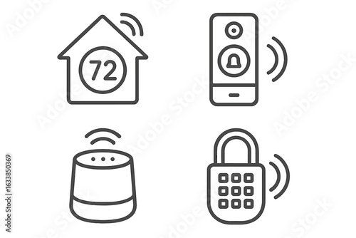 Smart Home Appliance Icon Set. Outline vector collection of WiFi thermostat, video doorbell, smart speaker, electronic keypad lock. Home automation symbols. Modern connected house devices illustration