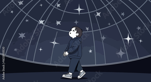 Boy Gazing At Celestial Map In Planetarium For Astronomy Education