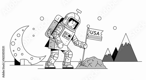Astronaut Establishes American Presence On Lunar Surface Cartoon Illustration