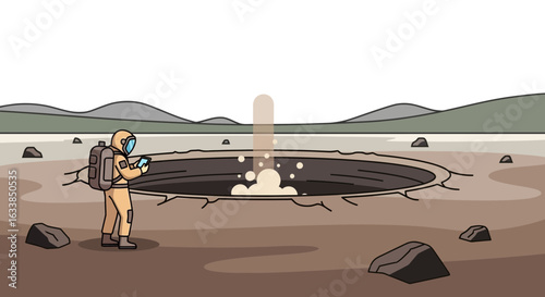 Astronaut Examines Strange Martian Spring On The Red Planet Landscape