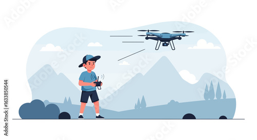Boy Flying Drone In A Mountain Landscape With Remote Control
