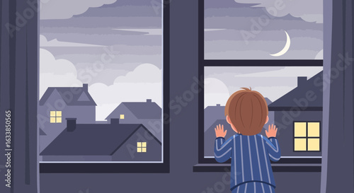 Boy Gazing At The Crescent Moon Through The Window At Nighttime