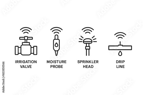 Smart irrigation system icons set. Outline symbols of irrigation valve, soil moisture probe, sprinkler head, drip line. Wireless agricultural technology, automated watering control vector illustration