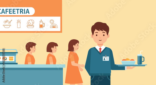 Cafeteria Service Featuring Staff Serving Students With Meal Options Illustration