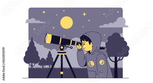 Boy Gazing at the Night Sky Through a Telescope Under the Moonlight