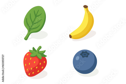 Healthy smoothie ingredients vector set. Isometric icons of spinach leaf, banana, strawberry, blueberry. Flat superfood elements. Fruit and vegetable mix for juice, diet, nutrition, breakfast, snack