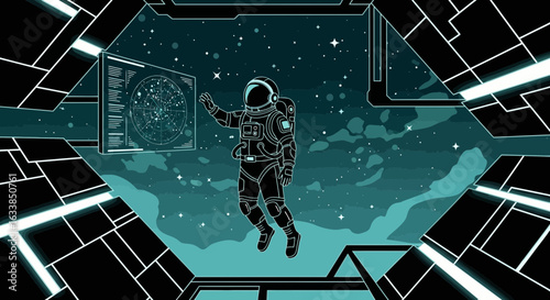 Astronaut Exploring Constellations From Inside A Space Station Window Graphic Art