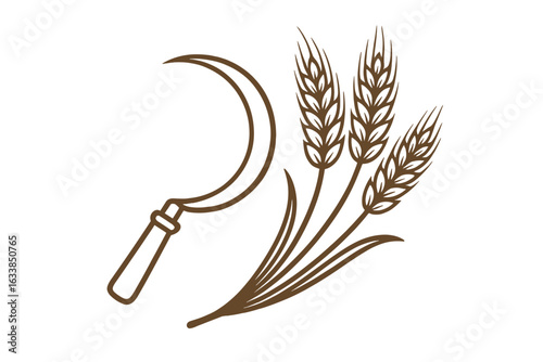 Sickle and wheat ears vector illustration, harvest agriculture symbol, retro farming equipment, organic grain, rural agriculture tool, traditional wheat crop, food production concept, isolated