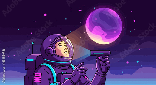 Astronaut Exploring Distant Planet Using Futuristic Device In Space