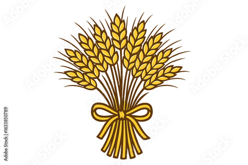 Sheaf of wheat bundle vector, golden wheat ears tied with ribbon, agricultural harvest symbol, farm logo design, cereal grain, rural organic food, bread ingredient illustration, transparent background