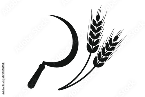 Sickle and wheat ears agricultural vector icon. Harvest symbol with traditional sickle tool and wheat spikes. Farming and rural agriculture equipment. Stylized black silhouette for crop iconography