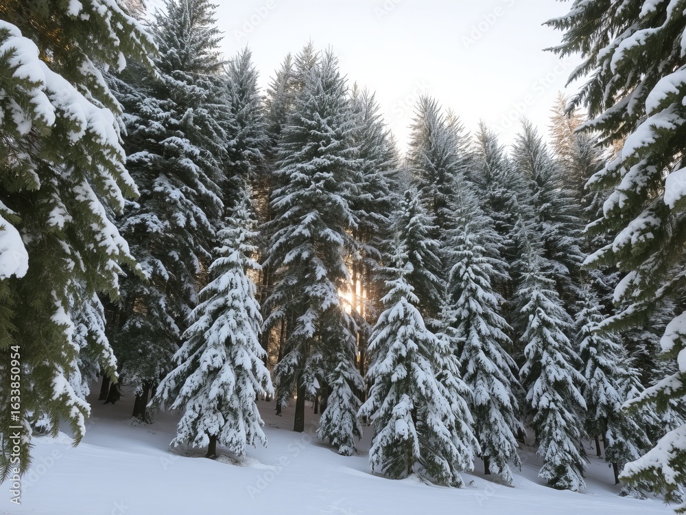 Fototapeta premium Snow covered pine trees in a dense forest with sunlight peeking through the branches