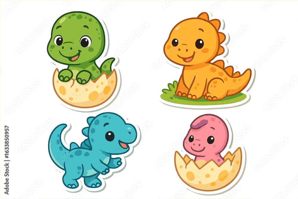 Fototapeta premium Adorable Baby Dinosaur Stickers Collection, Cute Cartoon Dinosaurs Hatching from Eggs, Playful Prehistoric Reptiles, Colorful Kids Illustration, Nursery Decor, Vector Transparent Background