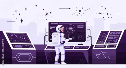 Astronaut Exploring Outer Space Station While Analyzing Data On Computers