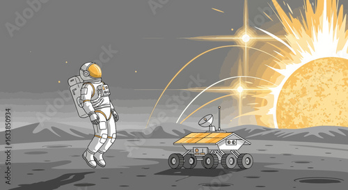 Astronaut Exploring Surface Of Distant Planet With Rover Under Bright Sunlight