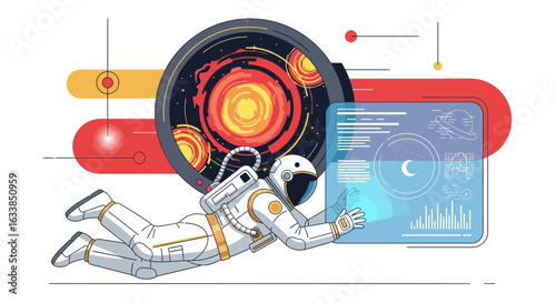 Astronaut Exploring Space Interface Analyzing Data From Distant Solar System