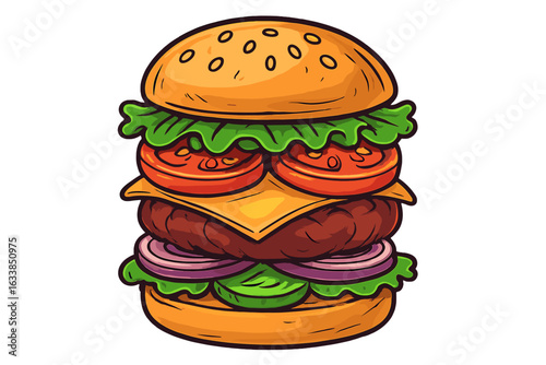 Tasty cheeseburger vector illustration with lettuce, tomato, onions, cheese, juicy beef patty, sesame seed bun. Classic fast food sandwich. Cartoon layered burger icon isolated on white background