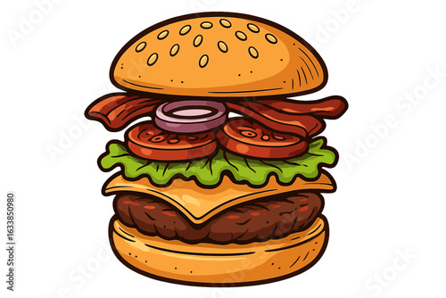 Juicy burger with bacon, cheese, lettuce, tomato, onion, and sesame bun. Tasty fast food meal. Classic hamburger illustration. Gourmet sandwich, stacked ingredients, cartoon vector isolated on white