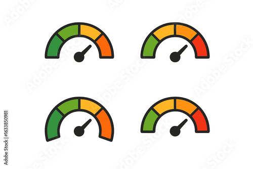 Colorful speedometer gauge set, rating levels, risk meter, performance indicator, quality assessment, credit score, satisfaction rating, infographic vector icons isolated on transparent background