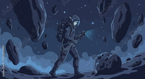 Astronaut Exploring The Surface Of A Dark Planet Amidst Floating Asteroids