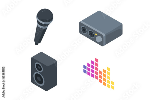 Isometric Music Production Equipment Icons Set. Microphone, Audio Interface, Studio Speaker, Colorful Sound Wave. Vector Digital Art for Recording, Podcasting, DJ, Broadcasting, Sound Engineering