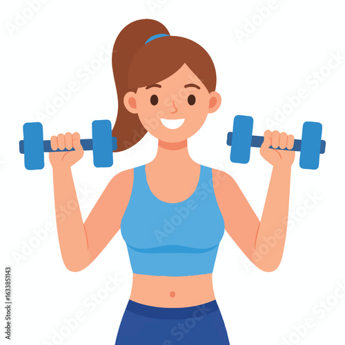 Smiling woman in workout attire lifting dumbbells.