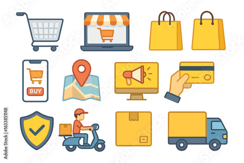 Flat vector icons set for online shopping, e-commerce, delivery, payment, logistics with shopping cart, smartphone, credit card, store, map, bag, courier, parcel, secure transaction