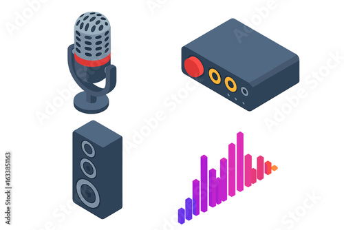 Isometric Sound Technology Icon Set—Microphone, Audio Interface, Speaker, Colorful Sound Wave Bar Graph—Digital Audio Studio, Music Recording, Podcast Equipment Vector Illustration