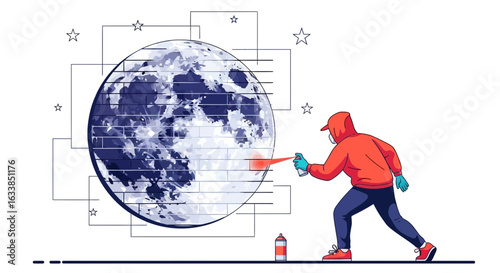 Astronaut Graffiti Artist Spraying a Moon Illustration in Urban Scene Vector