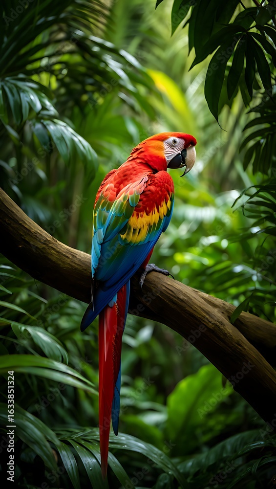 Obraz premium Colorful Scarlet Macaw Perched on Branch in Lush Rainforest Environment Bird Photography