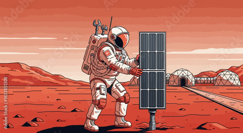 Astronaut Installing Solar Panels on Mars for Sustainable Habitation System