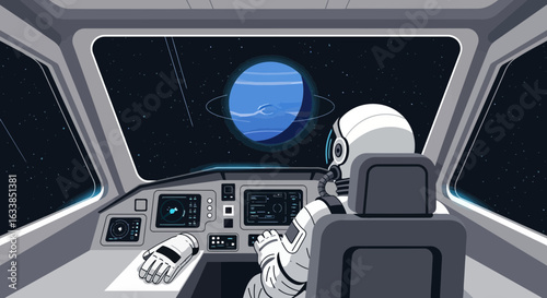 Astronaut Navigating Spacecraft Toward Distant Planet With Rings In Outer Space