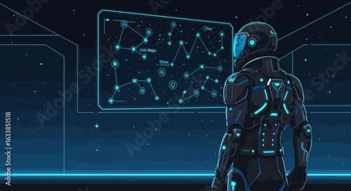 Astronaut Observing Constellations Navigation Display In Futuristic Spacecraft