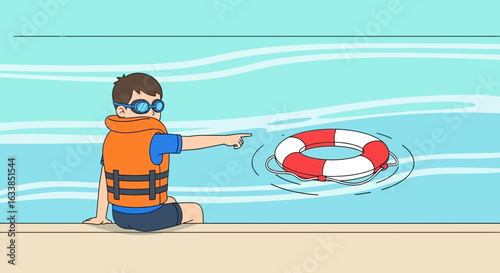 Boy In Life Vest Points At Ring Buoy Floating In Swimming Pool Water