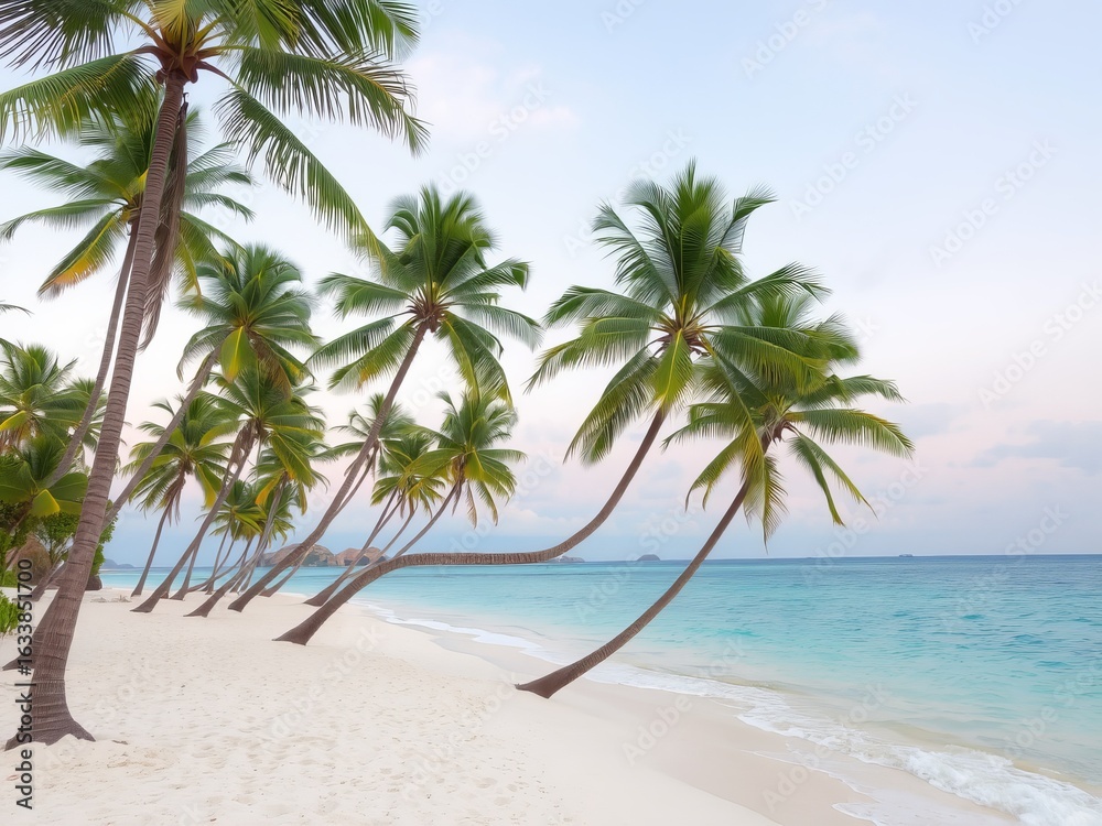 Fototapeta premium Palm trees leaning over white sand beach meeting turquoise ocean under pastel sky view