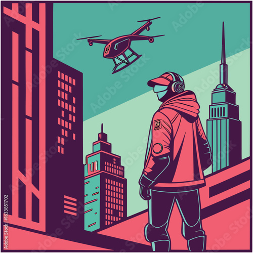A cyberpunk-themed vector bundle neon signs virtual visors drones robotic limbs futuristic cityscapes and glitch elements. High-contrast colors with dark backgrounds