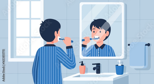 Boy In Pajamas Brushing His Teeth In The Bathroom Illustration